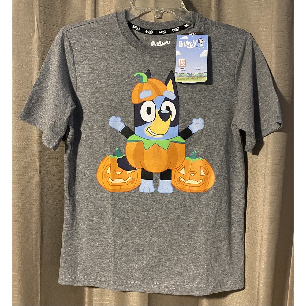 Bluey Licensed Kids Graphic T-Shirt Halloween Short Sleeve Light Gray Size 14/16